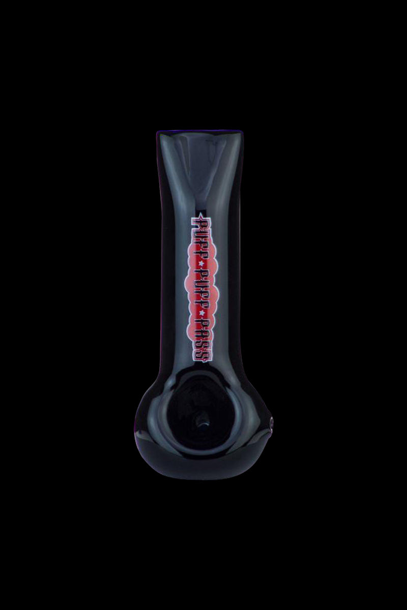 A close-up shot of the 4-inch Puff Puff Pass hand pipe, displaying its simple, curved design against a dark background.