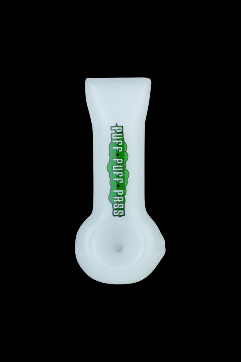 A front view of the 4-inch Puff Puff Pass hand pipe, showcasing its simple, streamlined glass design.