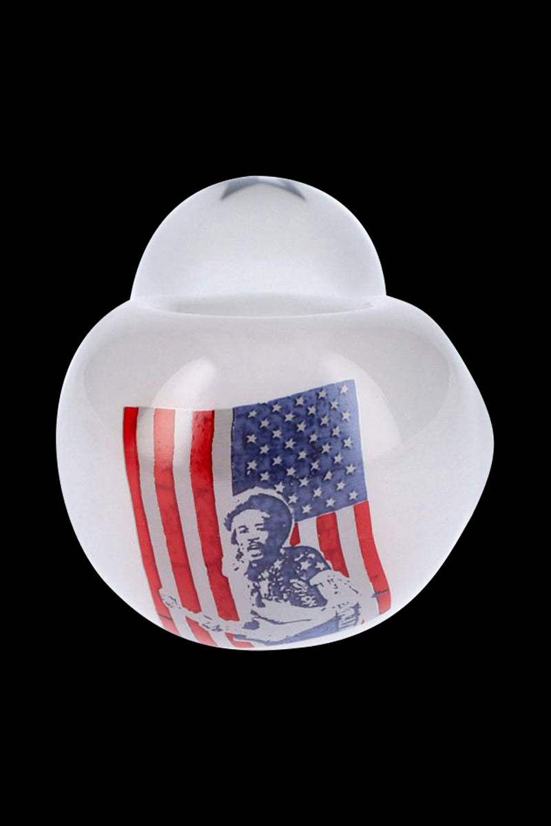 Top-down view of a white Rock Legends "Jimi USA" Spoon Pipe featuring a red, white and blue American flag and musician graphic on a black background