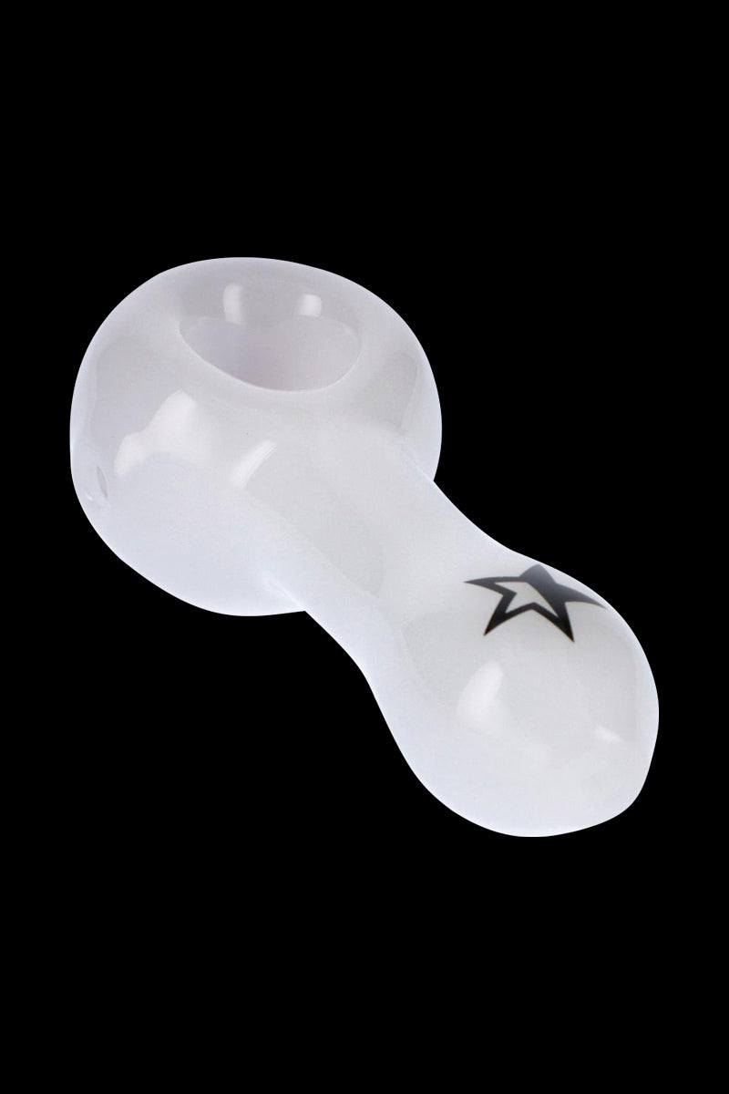 Angled close-up of the white Rock Legends "Jimi USA" Spoon Pipe against a black background, showing its rounded bowl and black star decal.