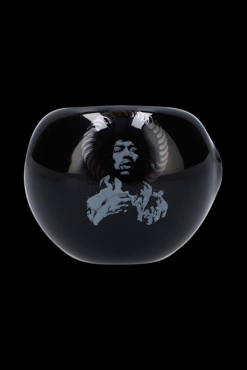 Front-facing shot of the Rock Legends Glass Spoon Pipe - Jimi NYC showing a glossy black bowl with a grey portrait of Jimi Hendrix.