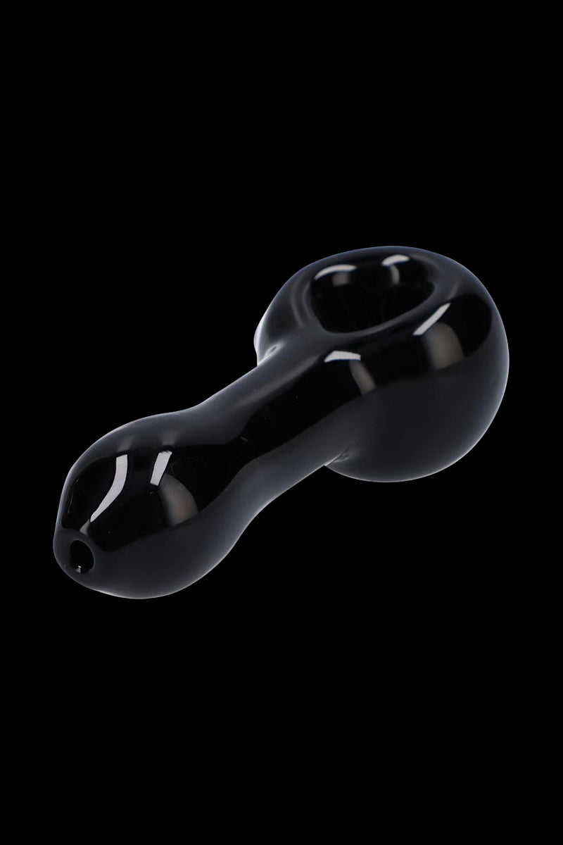 Close-up three-quarter view of the glossy black Rock Legends Glass Spoon Pipe - Jimi NYC against a black background.