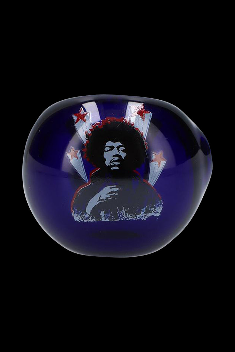Front-facing view of the Rock Legends "Jimi Star" Glass Spoon Pipe showing a deep blue bowl with a stylized Jimi Hendrix portrait and red-starburst accents.