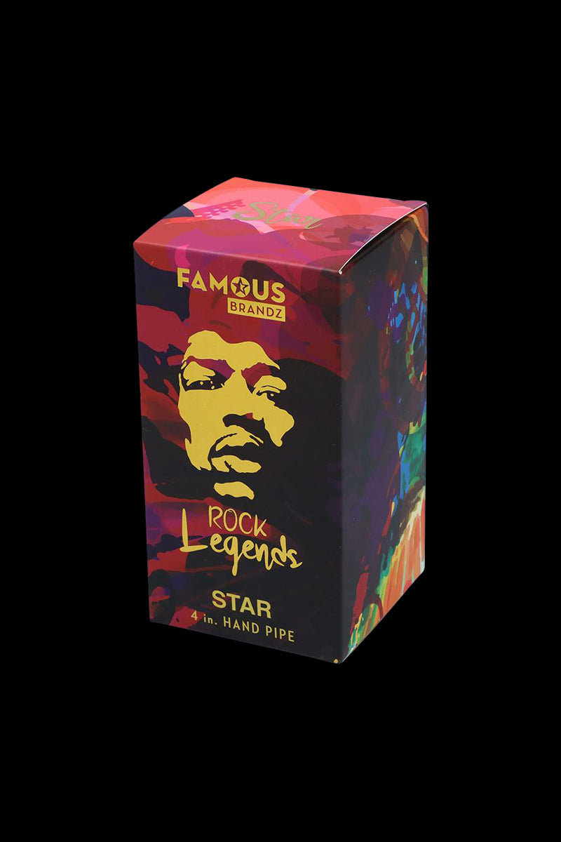 Three-quarter view of the Rock Legends "Jimi Star" Glass Spoon Pipe box with colorful pop-art portrait and "Famous Brandz" logo on black background