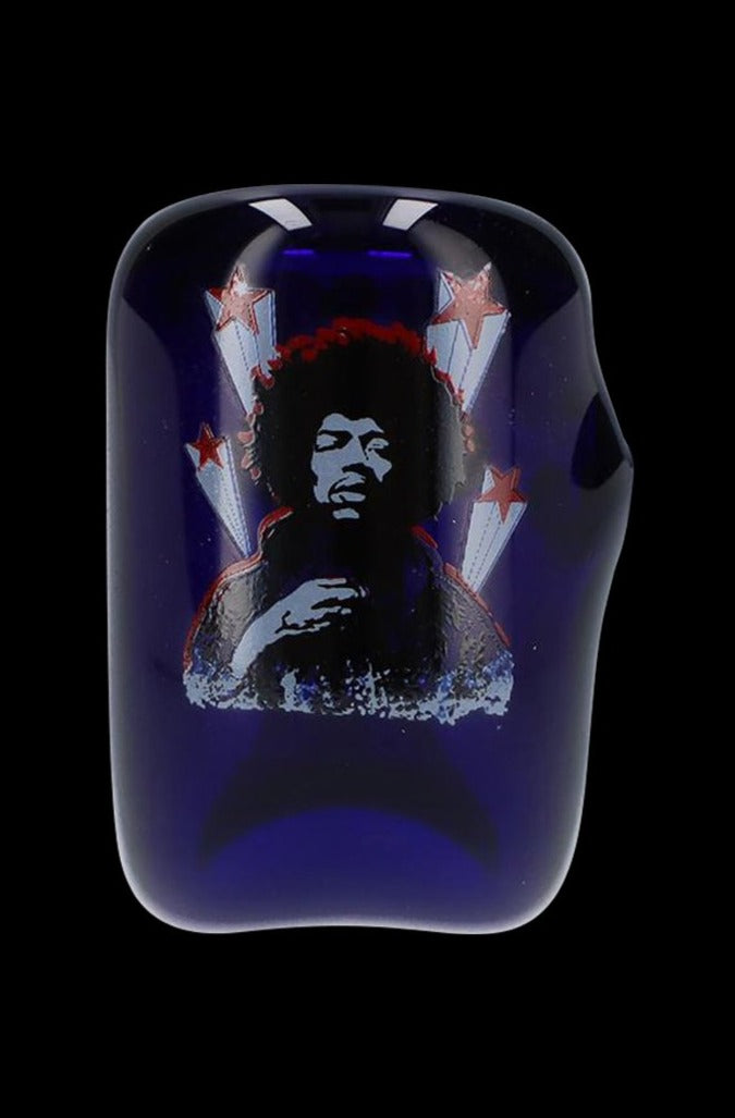 Close-up front view of the Rock Legends Glass Sherlock Pipe - Jimi Star showing a dark blue glass surface with a stylized portrait and red stars.