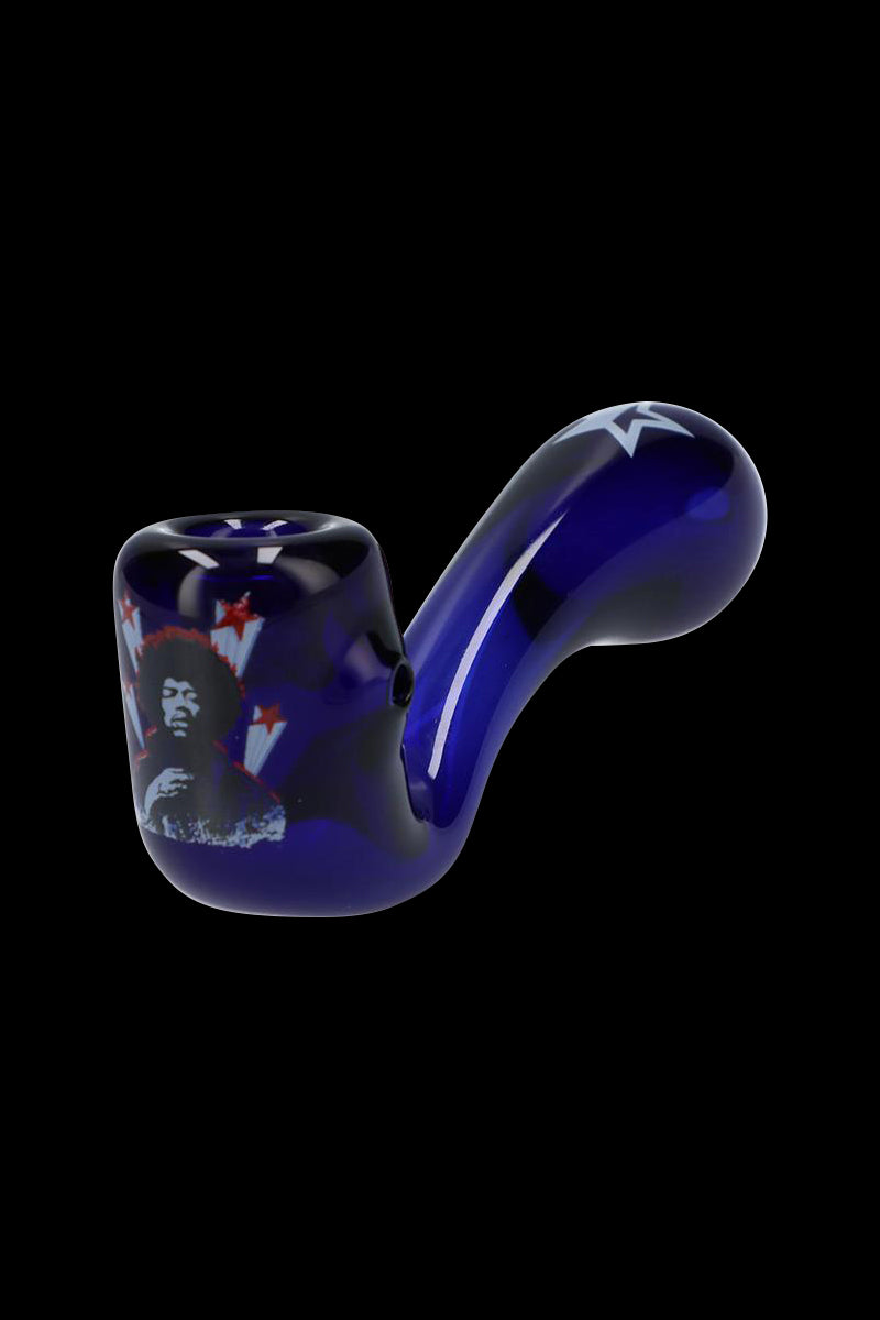 Angled side view of the deep blue Rock Legends Glass Sherlock Pipe - Jimi Star with a Jimi Hendrix portrait and star accents on a black background.