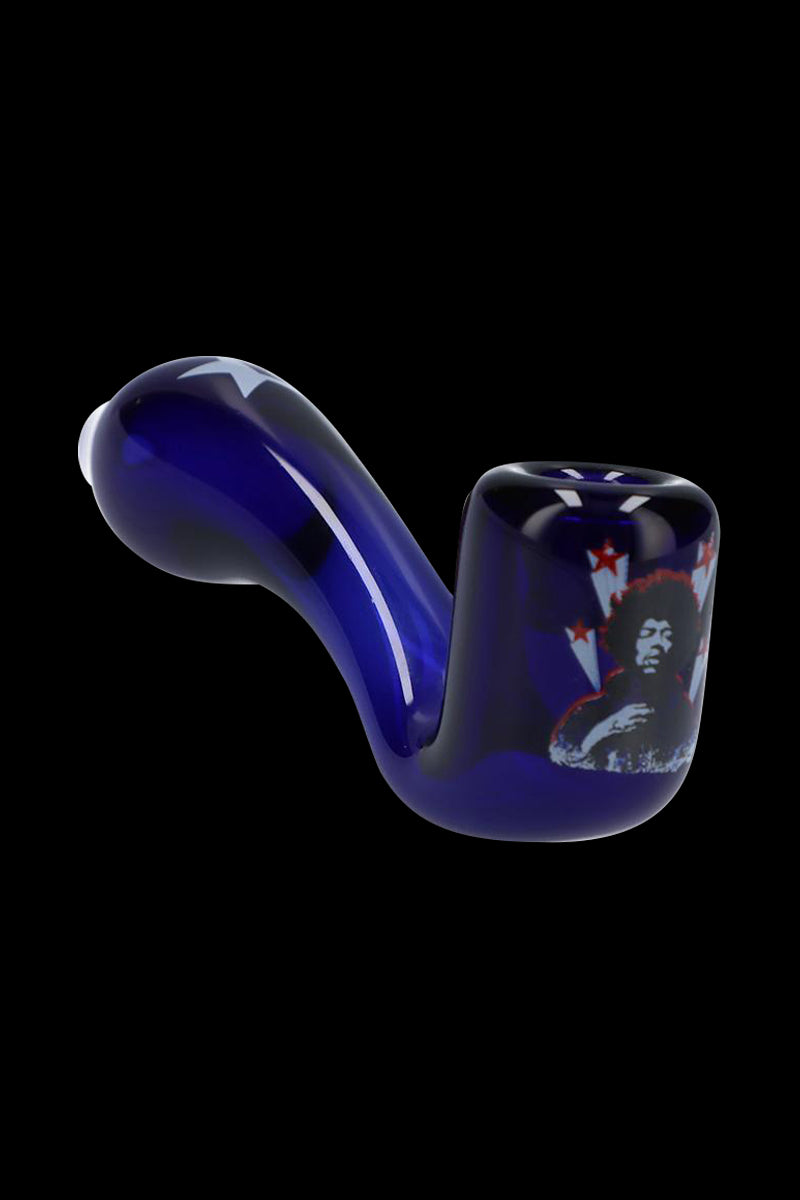 Angled profile of the Rock Legends Glass Sherlock Pipe - Jimi Star in deep cobalt blue showing a curved stem and a portrait-adorned bowl against a black background.