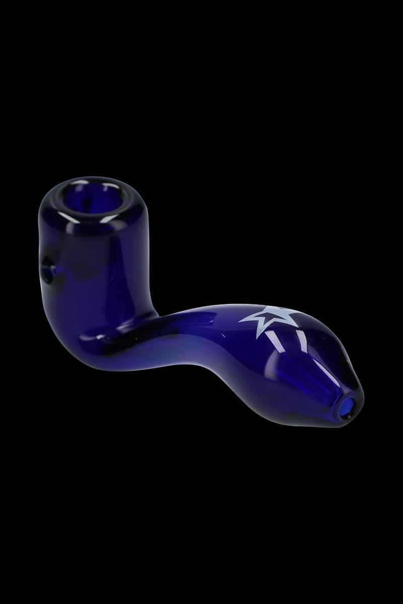 Angled side view of the deep blue Rock Legends Glass Sherlock Pipe - Jimi Star with a white star decal on the curved bowl.