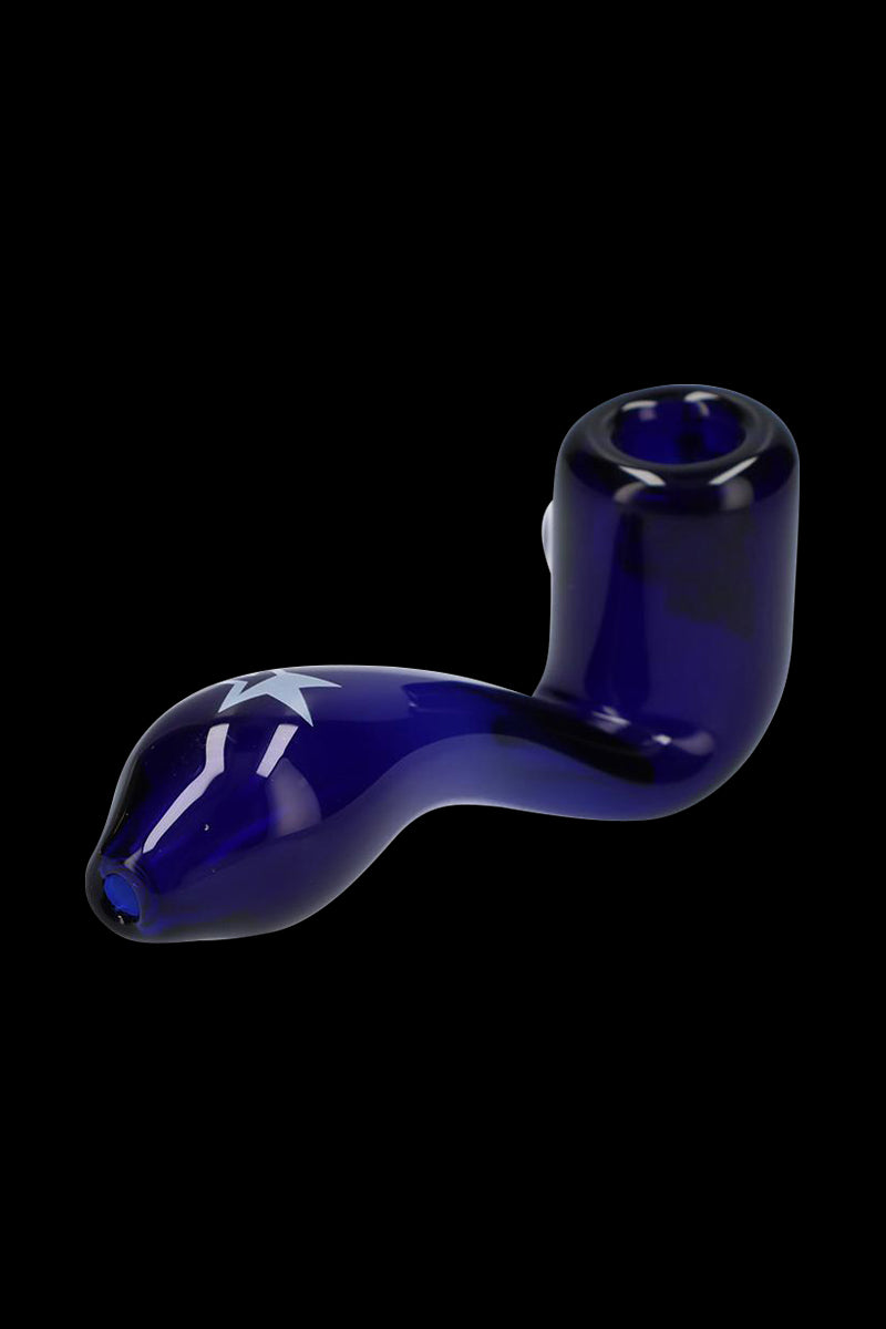 Angled close-up of the deep blue Rock Legends Glass Sherlock Pipe - Jimi Star showing its curved stem and white star detail on black.