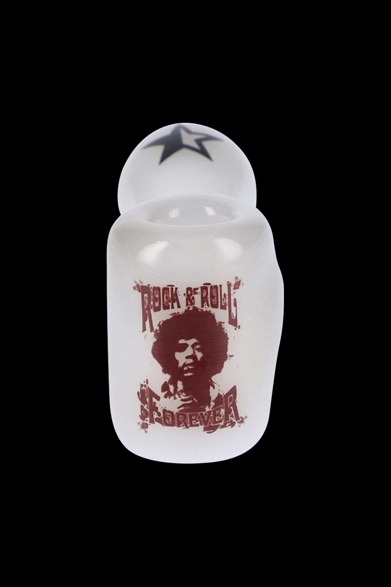 Front-facing shot of the Rock Legends Glass Sherlock Pipe - Jimi Rock On showing a frosted white glass body with a red Jimi Hendrix portrait and a black star on the bulb.
