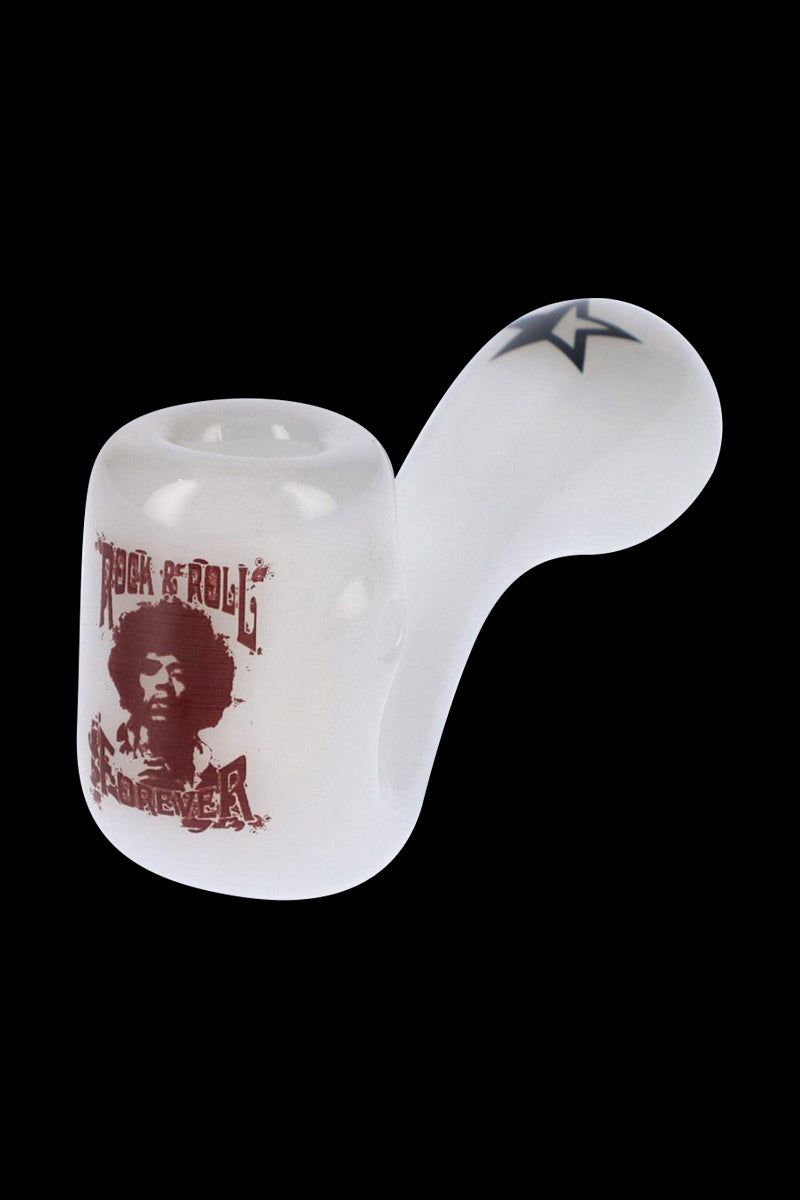 Angled close-up of the Rock Legends Glass Sherlock Pipe - Jimi Rock On showing its white frosted finish, red Jimi Hendrix portrait on the bowl, and star decal on the rounded stem