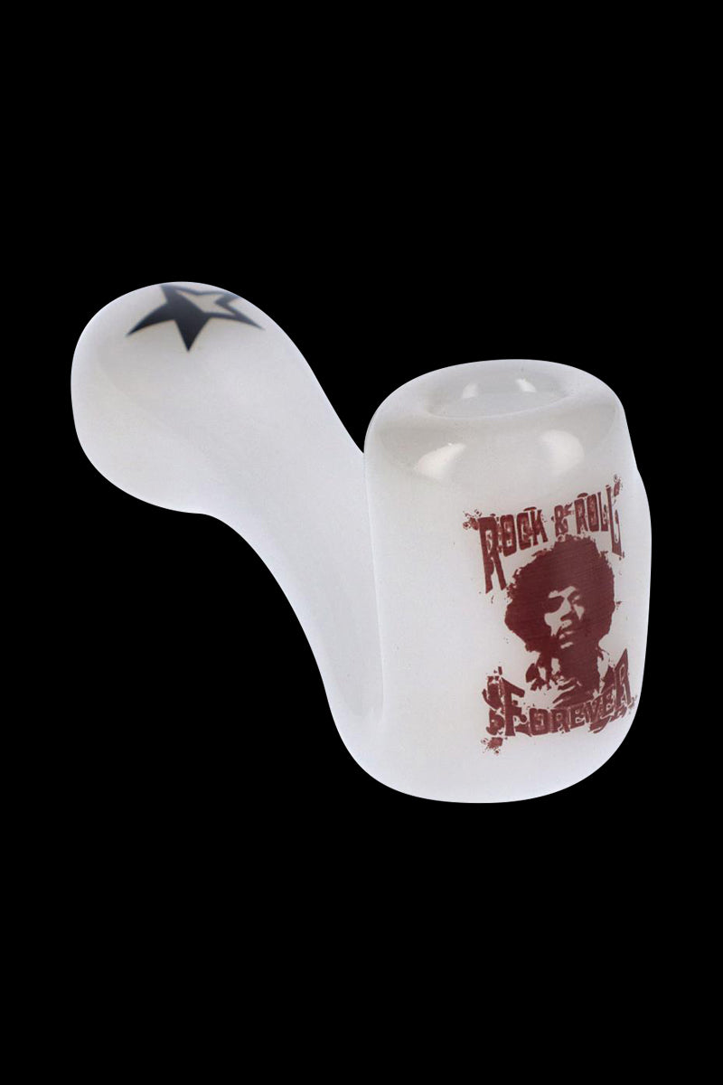 Angled close-up of the white Rock Legends Glass Sherlock Pipe - Jimi Rock On showing a red Jimi Hendrix graphic on the bowl and a black star on the stem