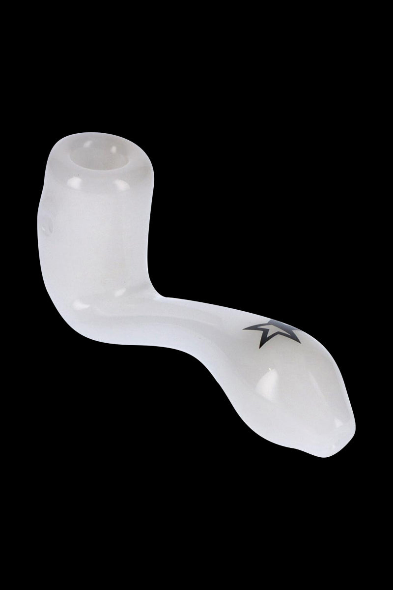 Angled side view of the Rock Legends Glass Sherlock Pipe - Jimi Rock On in frosted white glass with a black star decal against a black background