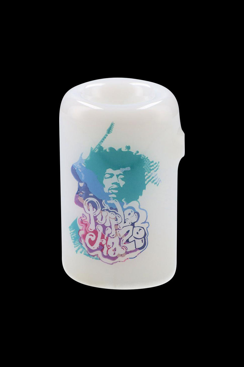 Front view of the Rock Legends Sherlock Hammer Pipe - Jimi Purple Haze showing a white cylindrical mouthpiece with a teal and purple Jimi Hendrix silhouette graphic on a black background
