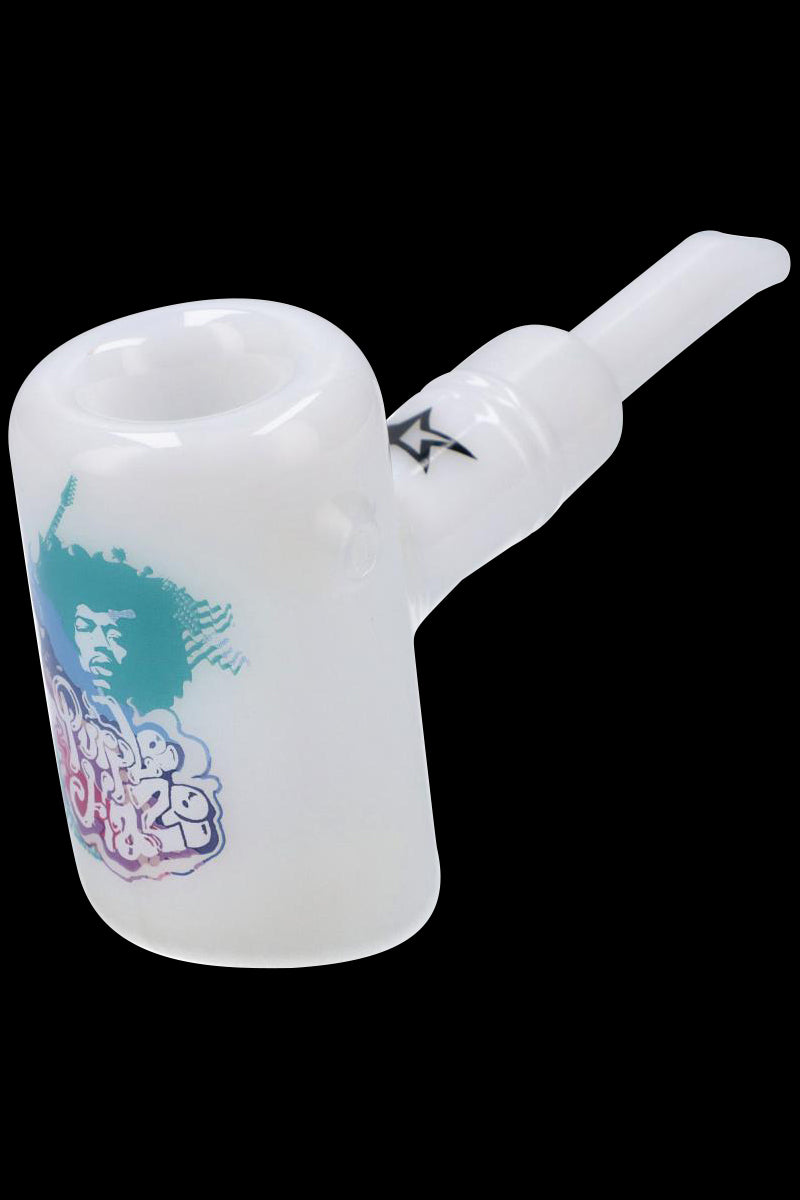 Angled close-up of the white Rock Legends Sherlock Hammer Pipe - Jimi Purple Haze showing the bowl, short stem, and a teal-and-purple Jimi Hendrix graphic on a black background