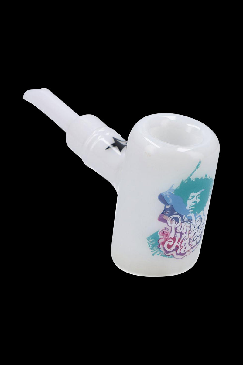Angled close-up of the Rock Legends Sherlock Hammer Pipe - Jimi Purple Haze showing its white glass body and colorful Jimi Hendrix graphic on a black background.