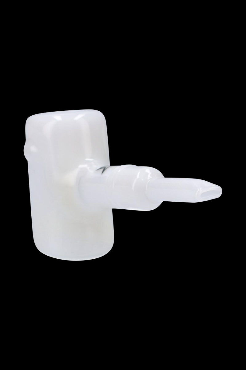 Side view of the Rock Legends Sherlock Hammer Pipe - Jimi Purple Haze showing its white glass body and protruding stem against a black background