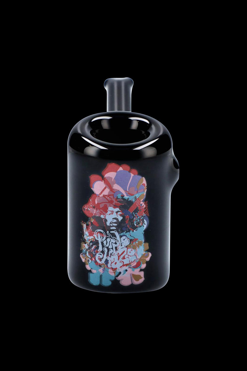 Center-frontal view of the Rock Legends Sherlock Hammer Pipe - Jimi Rainbow Haze showing a glossy black glass body with colorful psychedelic portrait art and a short mouthpiece.