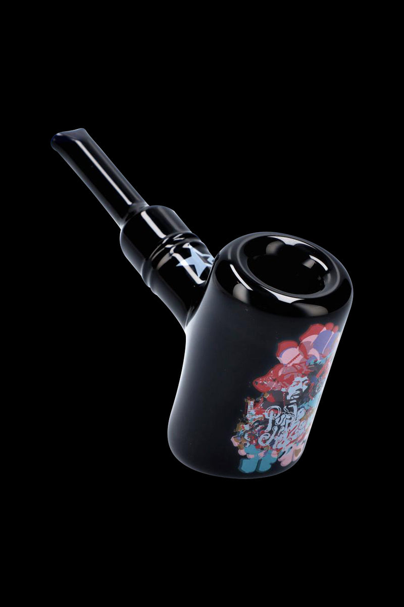 Angled close-up of the glossy black Rock Legends Sherlock Hammer Pipe - Jimi Rainbow Haze showing its curved bowl, straight stem, and colorful psychedelic Jimi Hendrix graphic.