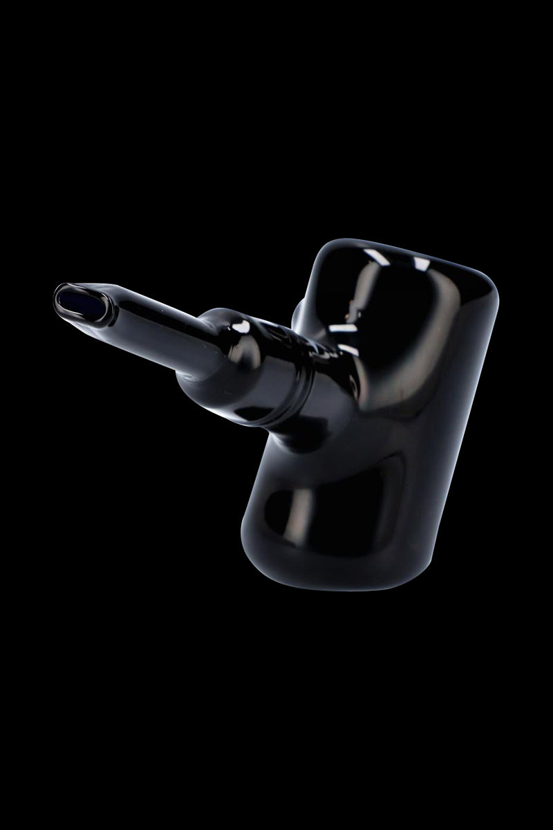 Angled close-up of the glossy black Rock Legends Sherlock Hammer Pipe - Jimi Rainbow Haze against a solid black background