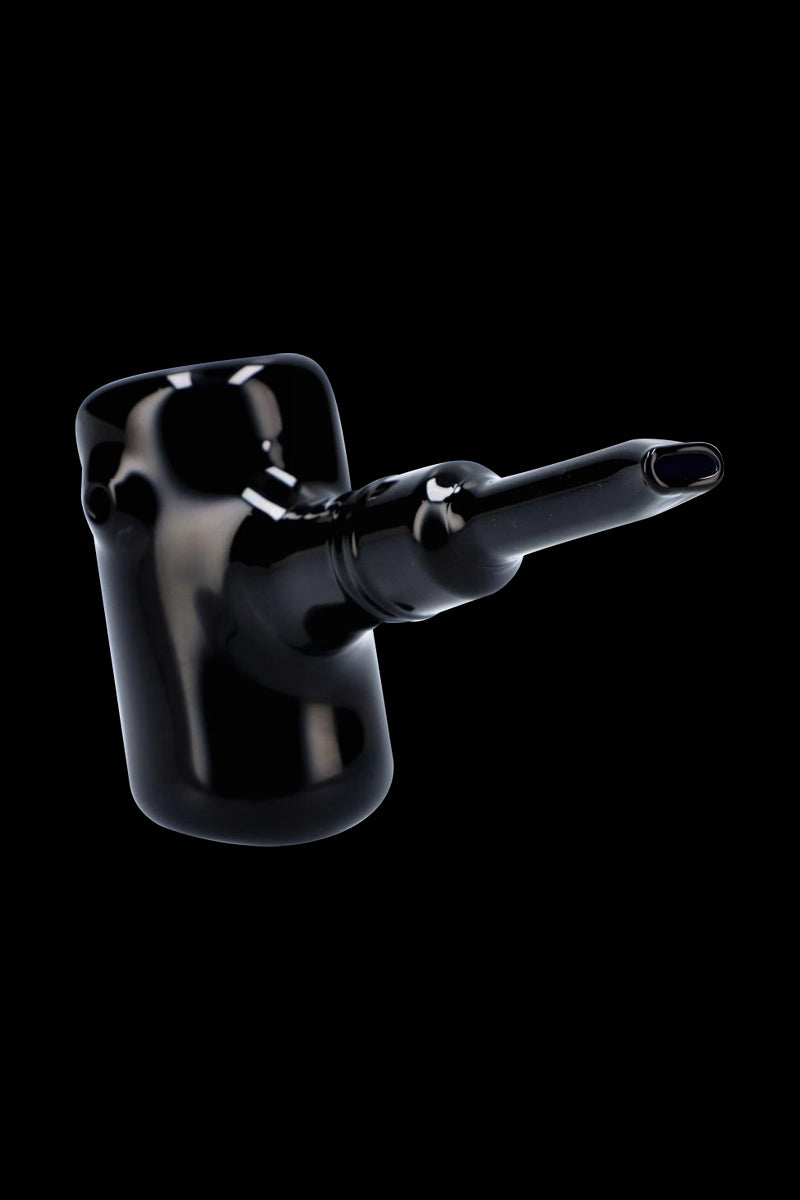 Angled close-up of the glossy black Rock Legends Sherlock Hammer Pipe - Jimi Rainbow Haze against a deep black background