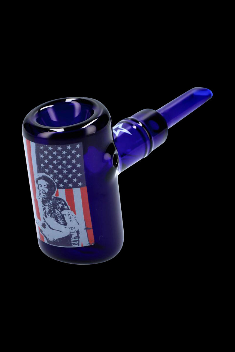 Angled close-up of the deep blue Rock Legends Sherlock Hammer Pipe - Jimi USA showing its bowl, stem, and an American-flag Jimi Hendrix graphic.