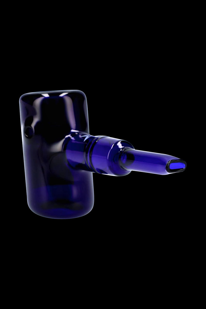 Angled close-up of the deep cobalt glass Rock Legends Sherlock Hammer Pipe - Jimi USA against a black background, highlighting its glossy curved bowl and elongated mouthpiece
