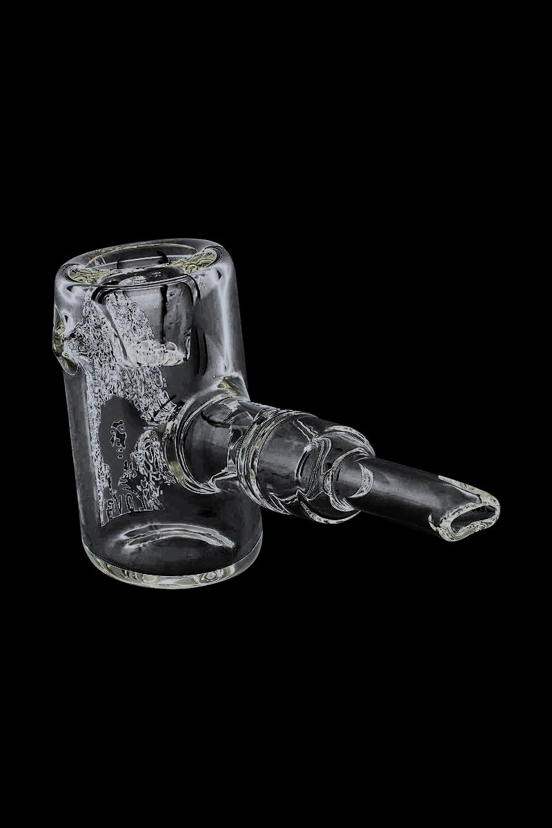 Angled close-up of the clear Rock Legends "Jimi Love" Sherlock Hammer Pipe on a black background, highlighting its hollow chamber and tapered mouthpiece.