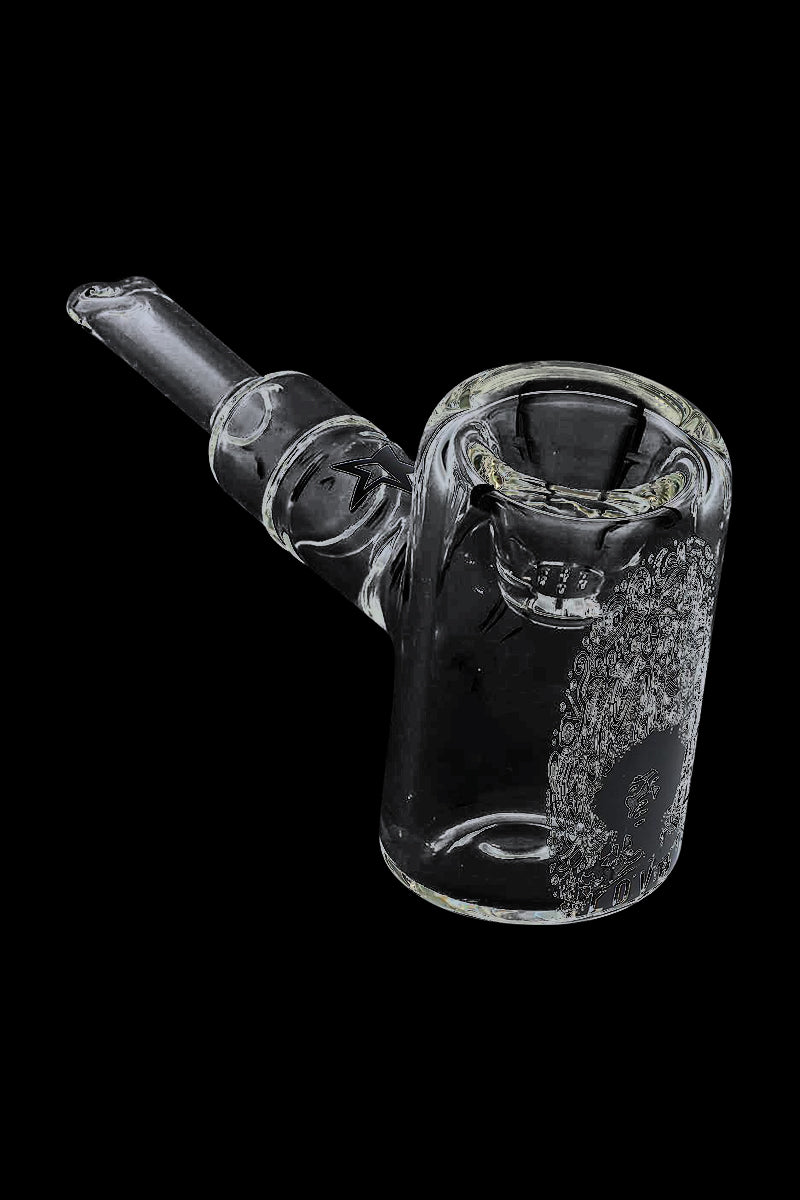 Angled close-up of the Rock Legends "Jimi Love" Sherlock Hammer Pipe in clear glass against a black background.