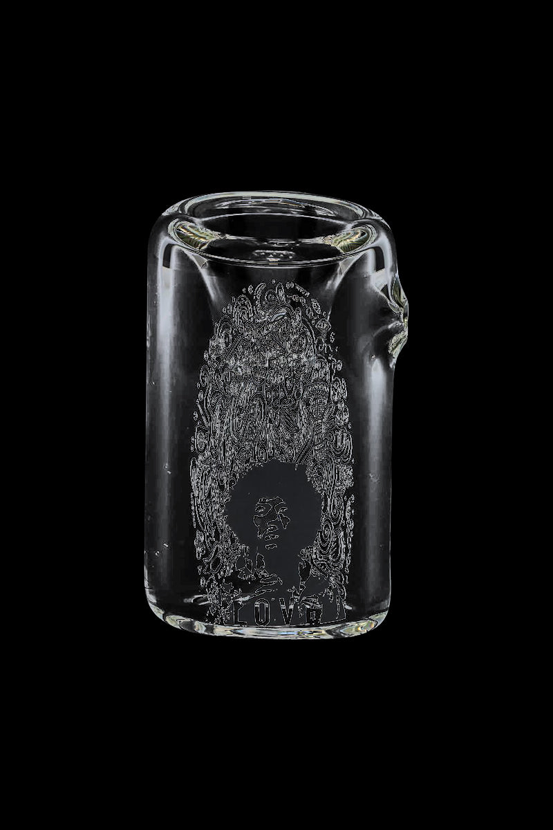 Centered front view of the Rock Legends "Jimi Love" Sherlock Hammer Pipe showing a clear glass body with etched psychedelic portrait.