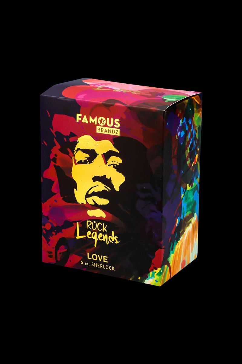 Three-quarter view of the Rock Legends "Jimi Love" Sherlock Hammer Pipe box with colorful portrait art on a black background