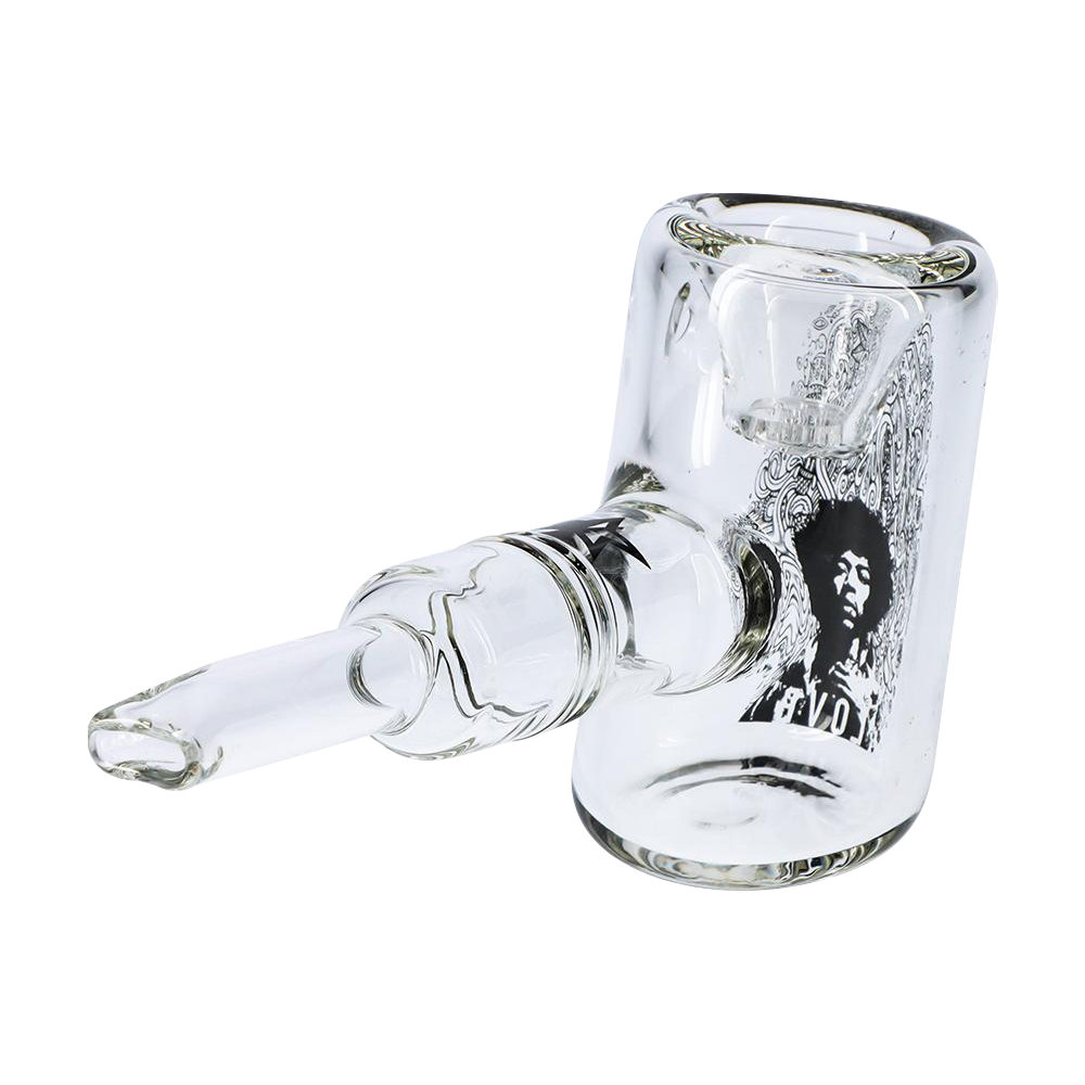 Angled close-up of the Rock Legends "Jimi Love" Sherlock Hammer Pipe showing clear glass construction and a black Jimi Hendrix portrait on the side.