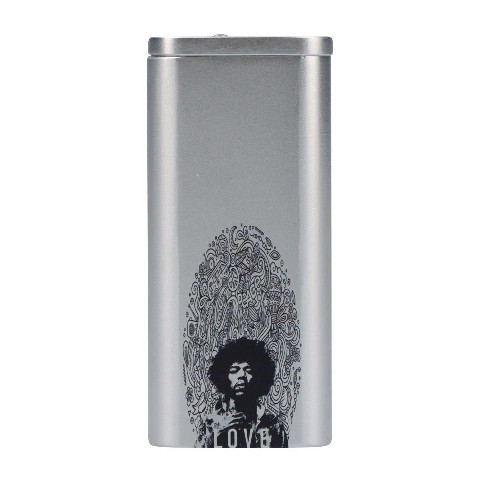 Front view of the Rock Legends "Jimi Love" Aluminum Dugout showing a silver rectangular case with black Jimi Hendrix portrait and doodle halo.