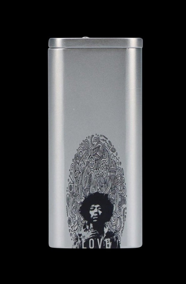 Front-facing view of the silver Rock Legends "Jimi Love" Aluminum Dugout with a black stylized portrait and intricate doodle halo centered near the bottom.