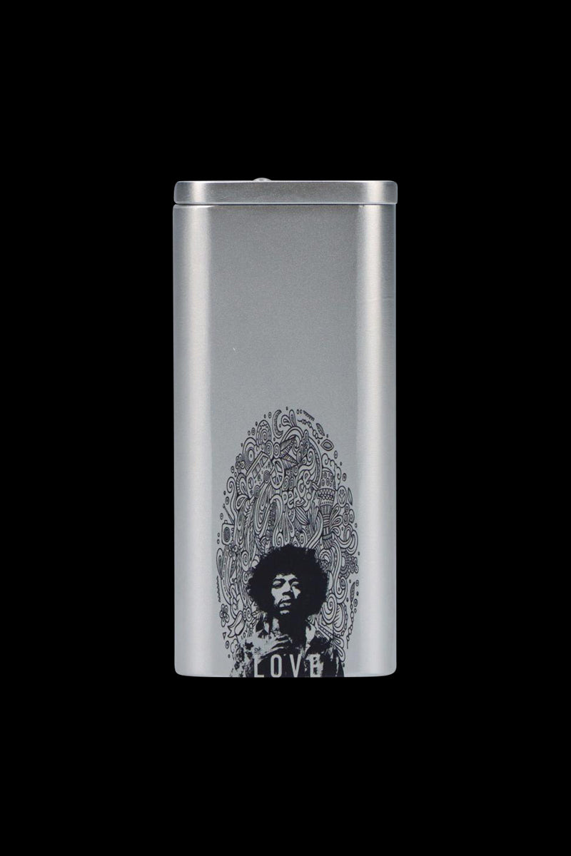 Centered front view of the Rock Legends "Jimi Love" Aluminum Dugout showing its silver finish and black Jimi Hendrix portrait with intricate doodle halo on a black background