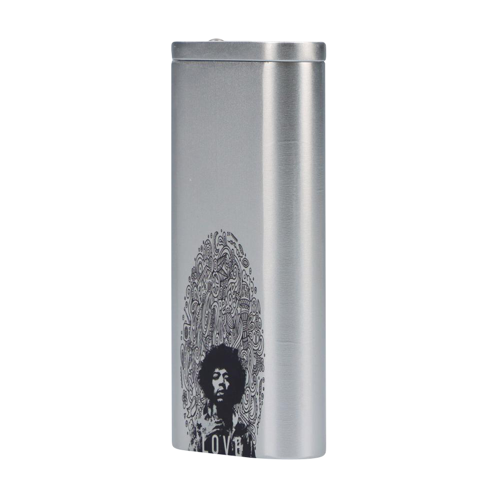 Slim front view of the Rock Legends "Jimi Love" Aluminum Dugout showing its silver brushed finish and a black stylized portrait graphic near the base.