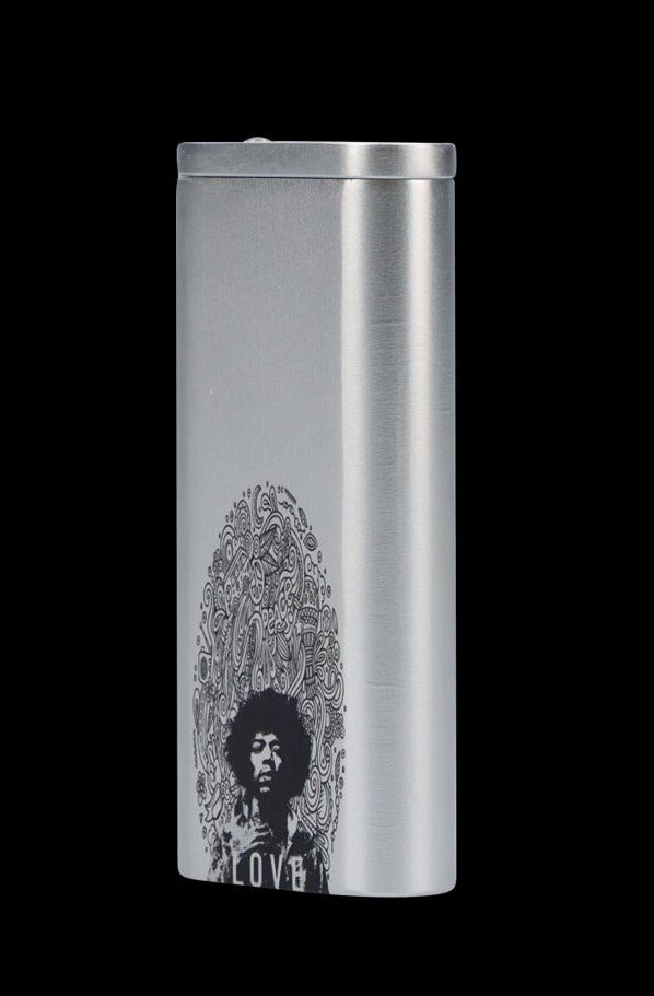 Straight-on view of the Rock Legends "Jimi Love" Aluminum Dugout standing upright on a black background, showing its brushed silver finish and black Jimi Hendrix portrait with ornate doodle halo.
