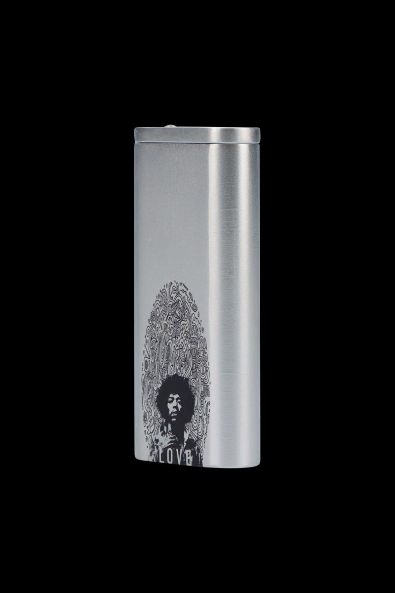 Vertical three-quarter view of the Rock Legends "Jimi Love" Aluminum Dugout showing its brushed silver finish and black Jimi Hendrix portrait and paisley halo on a black background