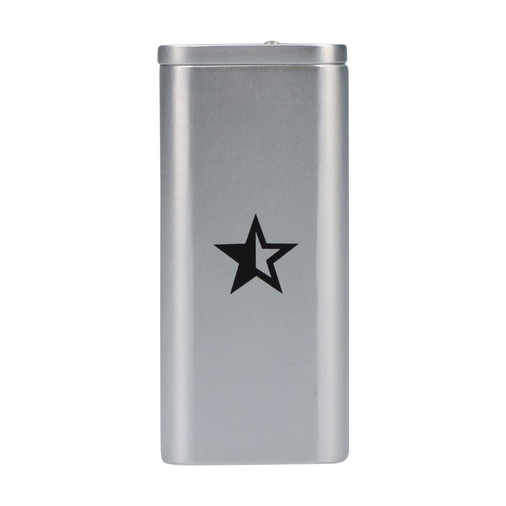 Front-facing shot of the silver Rock Legends "Jimi Love" Aluminum Dugout with a black star graphic centered on its face.