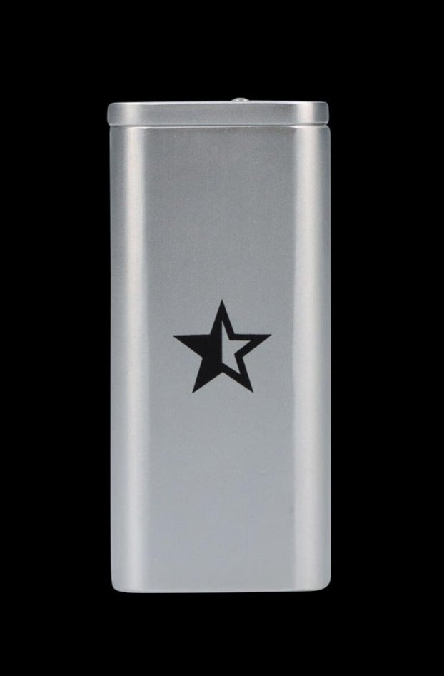 Centered front view of the Rock Legends "Jimi Love" Aluminum Dugout in silver with a black star emblem against a black background