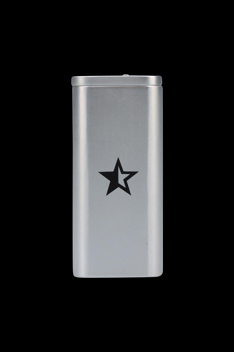 Front-facing shot of the Rock Legends "Jimi Love" Aluminum Dugout showing its silver finish and centered black star emblem against a black background