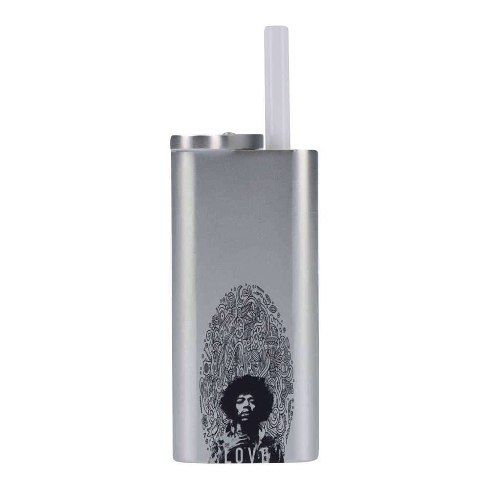 Tall frontal view of the Rock Legends "Jimi Love" Aluminum Dugout showing its silver metal finish, a black Jimi Hendrix portrait and swirling doodle halo.