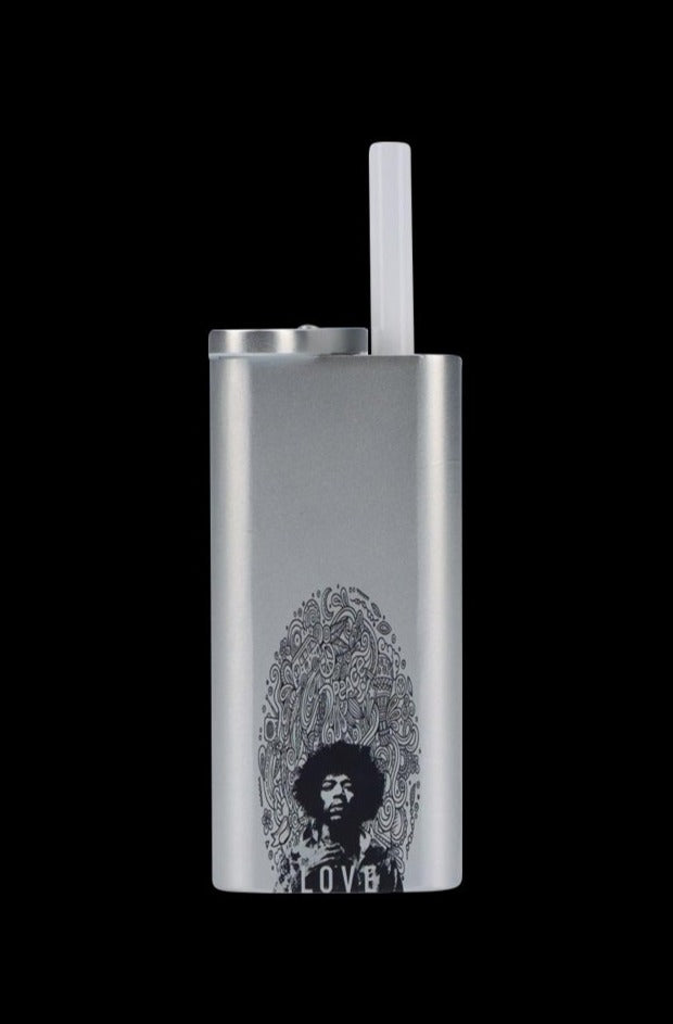 Centered front view of the Rock Legends "Jimi Love" Aluminum Dugout showing its silver body, pop-out white cylinder, and black psychedelic Jimi Hendrix portrait.