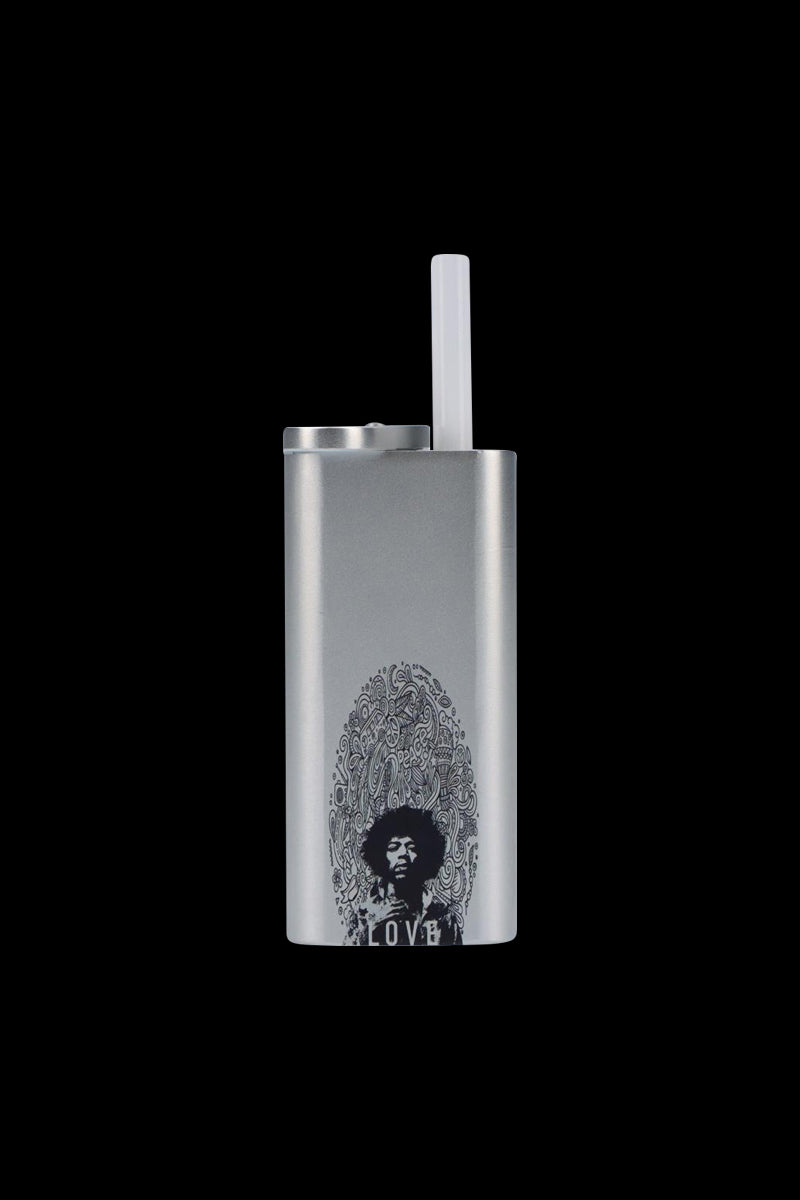 Centered front view of the Rock Legends "Jimi Love" Aluminum Dugout showing its silver finish, raised lid and straw with a black Jimi Hendrix portrait motif.