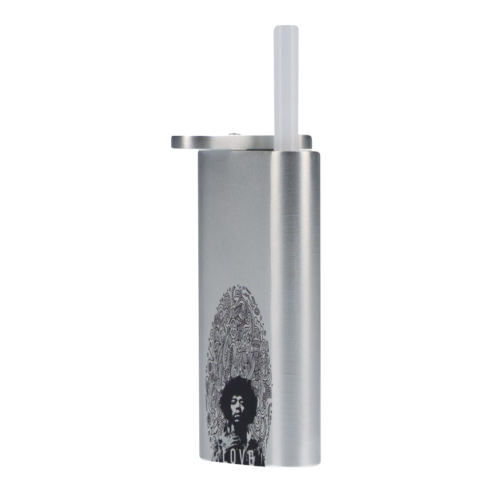 Front view of the Rock Legends "Jimi Love" Aluminum Dugout showing a vertical silver aluminum case with lid open and a black Jimi Hendrix portrait decal near the base.