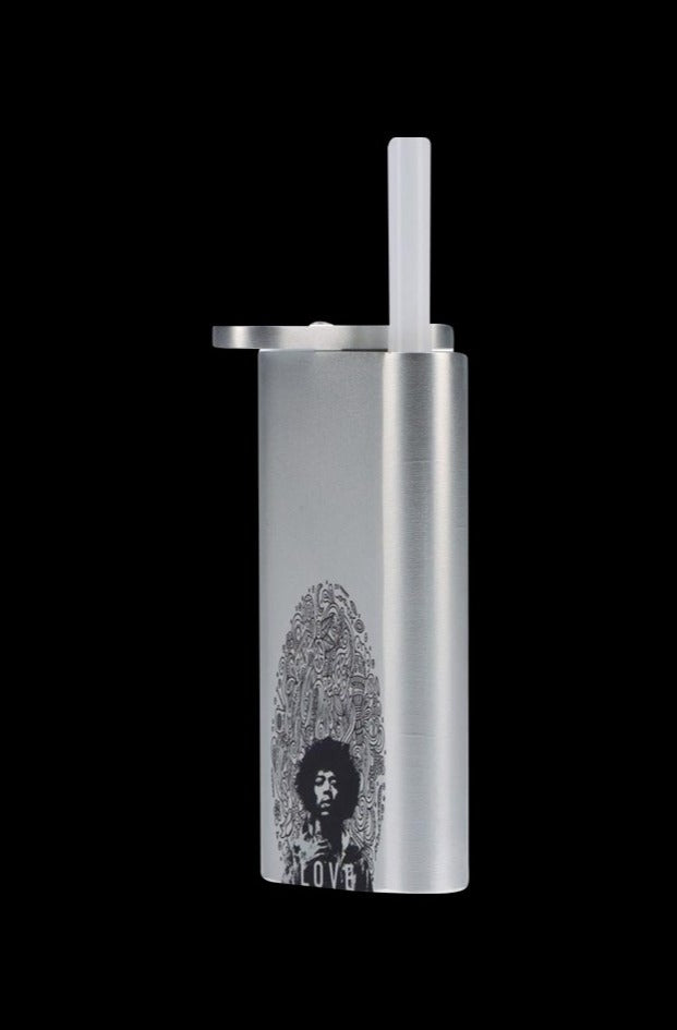 Center-frontal shot of the Rock Legends "Jimi Love" Aluminum Dugout against a black background showing its silver finish and artwork.