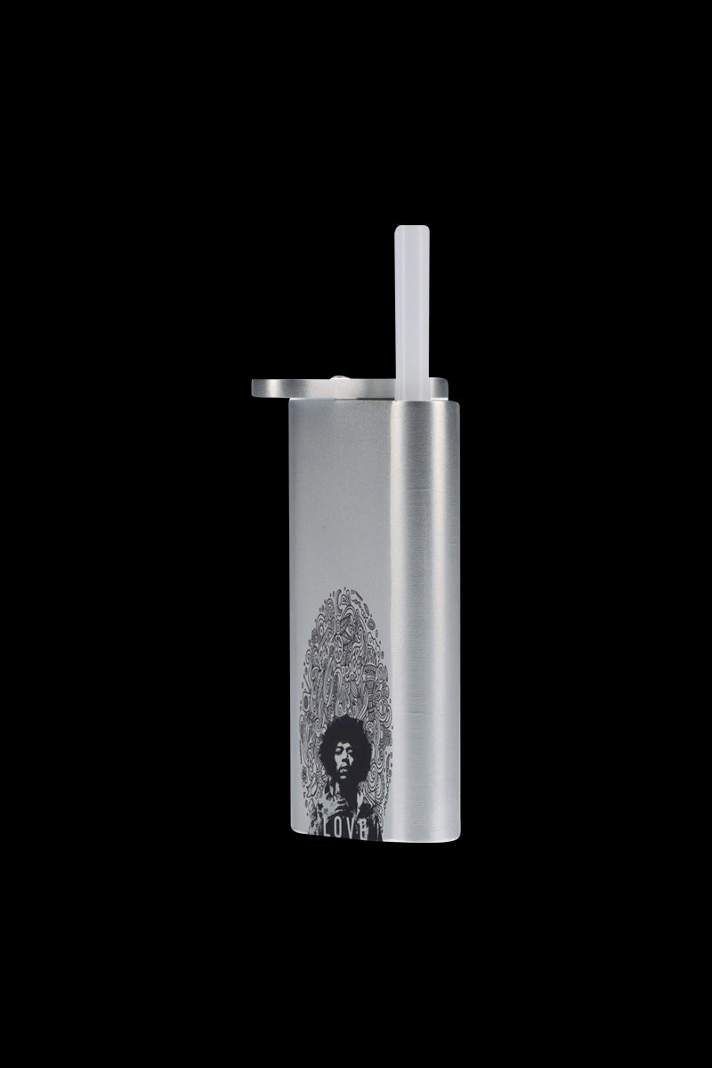 Centered front view of the Rock Legends "Jimi Love" Aluminum Dugout against a black background showing its silver finish and Jimi graphic.