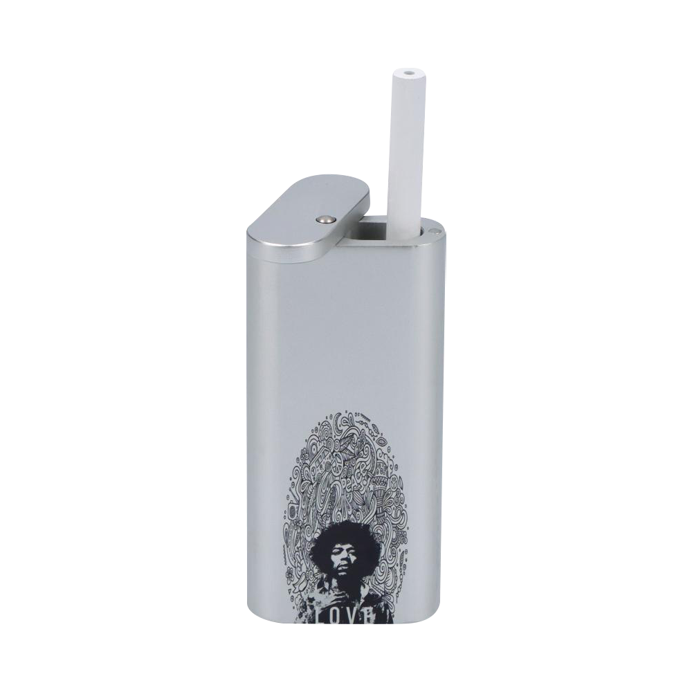 Front-facing view of the Rock Legends "Jimi Love" Aluminum Dugout in silver with its hinged lid open and a white cylindrical piece partially raised, photographed on a white background.