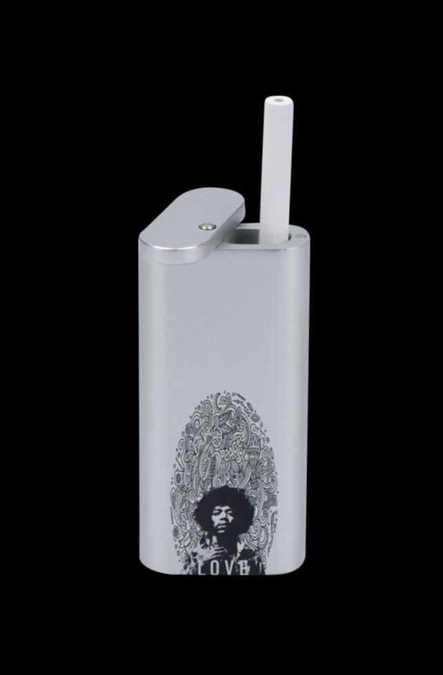 Centered front view of the silver Rock Legends "Jimi Love" Aluminum Dugout against a black background, showing its open lid and Jimi Hendrix portrait.