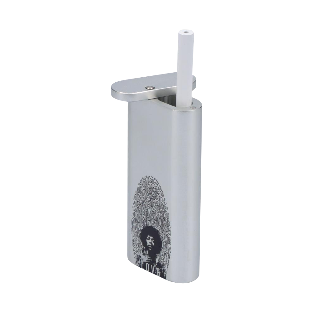 Angled front view of the silver Rock Legends "Jimi Love" Aluminum Dugout with hinged lid open, showing a white plastic bat and black Jimi Hendrix graphic.